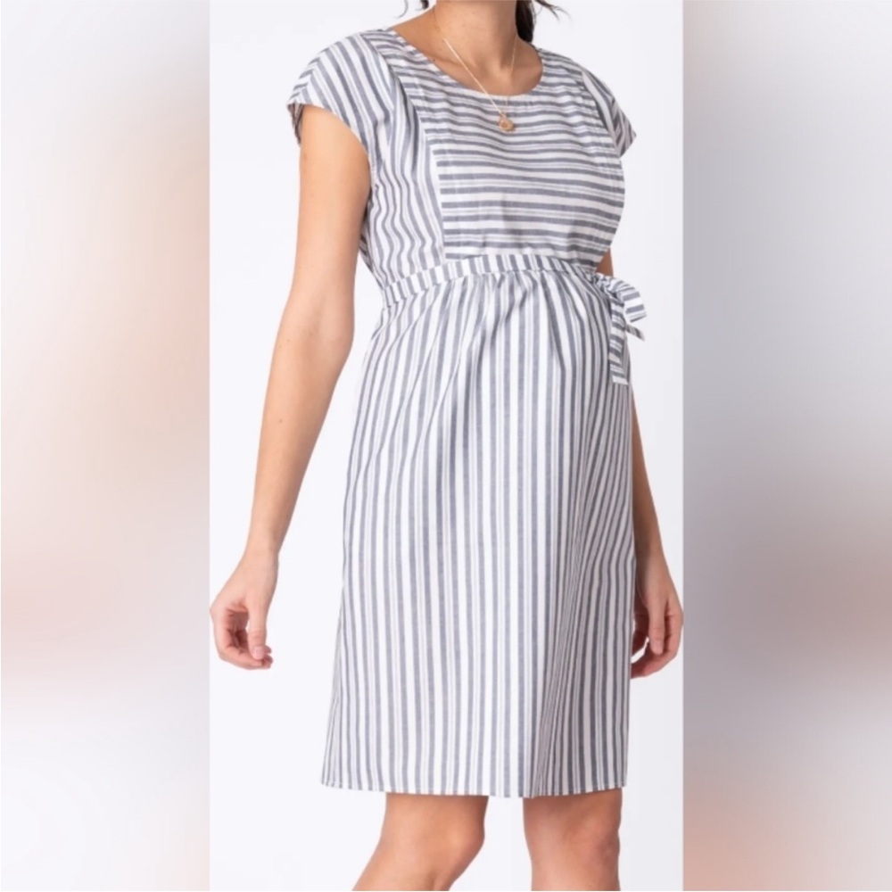 Seraphine Gray and White Striped Midi Maternity Dress